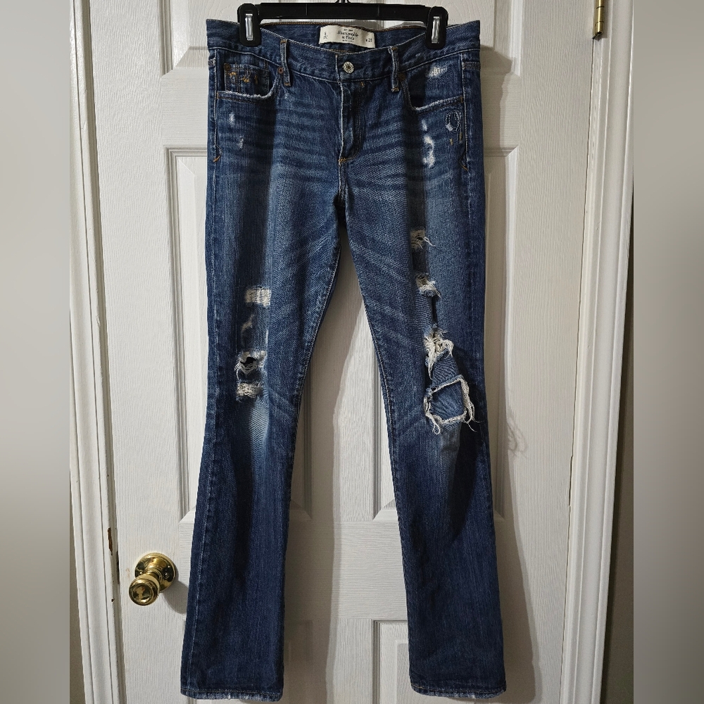 Abercrombie & Fitch Y2K Destructed Straight Leg Low Rise Jeans, Dark Wash, Sz 29